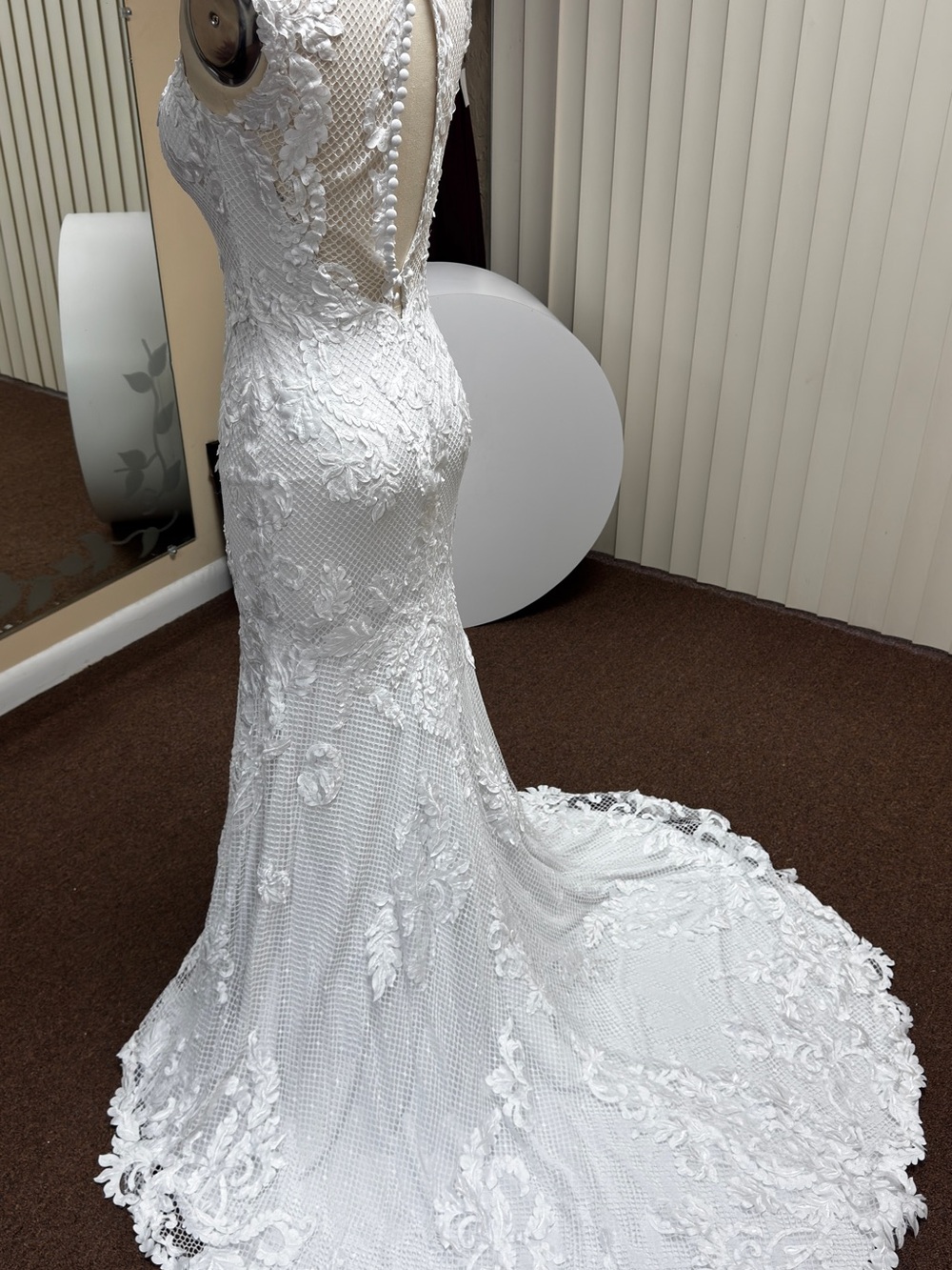 Sottero and Midgley Ivory Lace Mermaid Wedding Gown with Sheer Buttoned Back